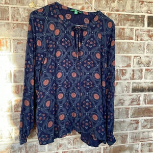 Dip Dark Blue Coral Floral Medallion Long Sleeved Blouse